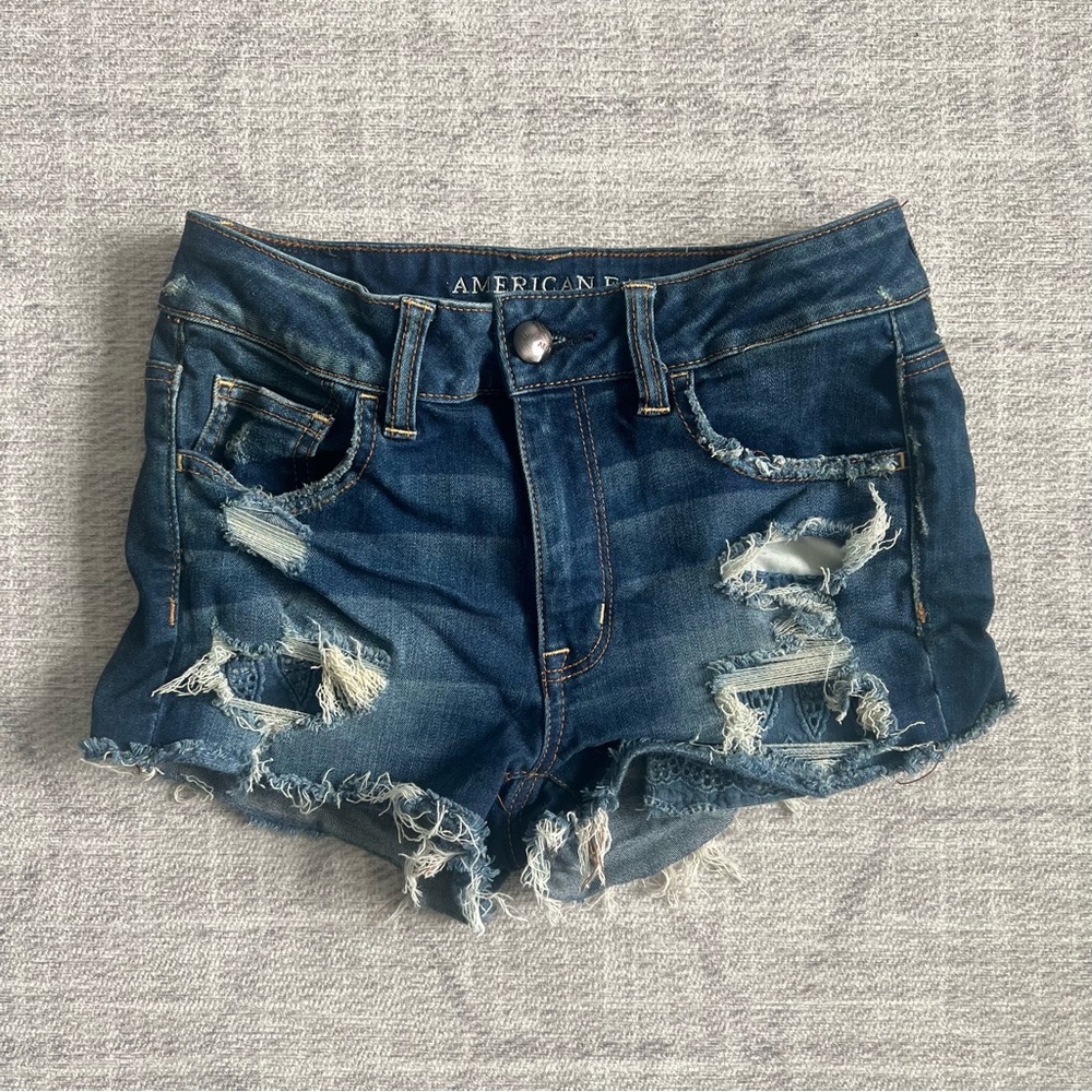American Eagle Women’s Dark Blue Hi-Rise Shortie Super Stretch Denim Jean Shorts